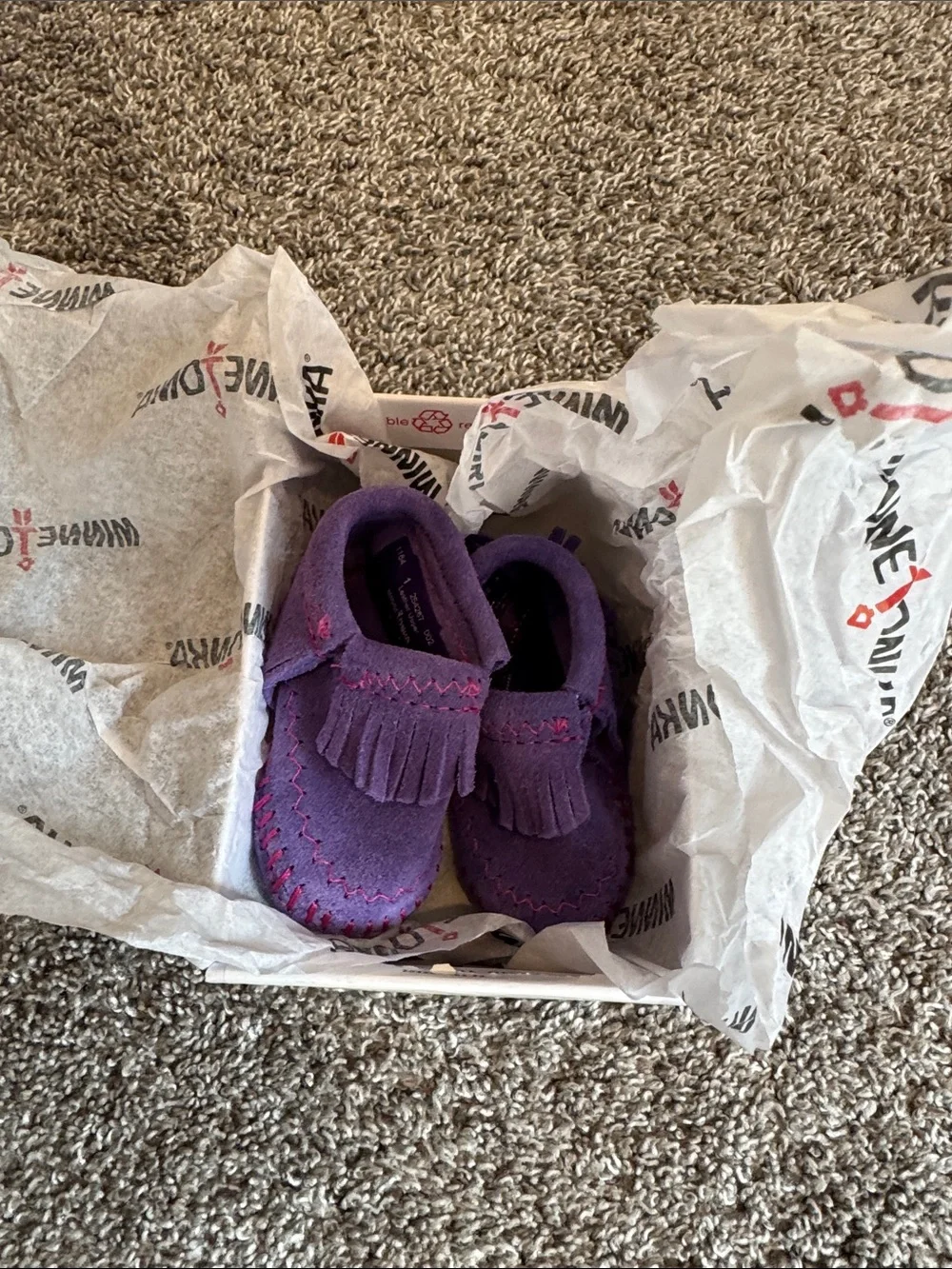 Minnetonka Purple Moccasin Baby Booties with Pink Stitching